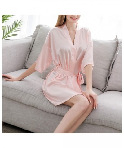 Women's Short Satin Robes Kimono Silk Luxury Loungewear Half Sleeves Soft Sleepwear - Pink - C818U8UYQ7G $38.80 Robes