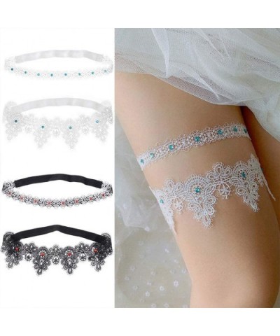 2Pcs Wedding Bridal Thigh Garters Rhinestone Embellished Lace Stretch Leg Rings - Black - CA19E4NYSDK $12.56 Garters & Garter...