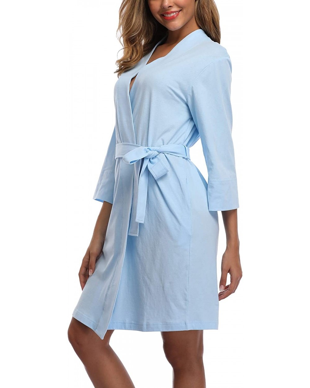 Women Kimono Robe Cotton Short Knit Bathrobe Soft Sleepwear Lightweight - Light Blue - C618XNU3OR7 $25.83 Robes