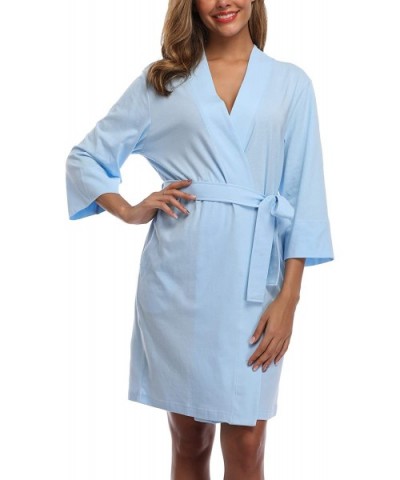 Women Kimono Robe Cotton Short Knit Bathrobe Soft Sleepwear Lightweight - Light Blue - C618XNU3OR7 $25.83 Robes