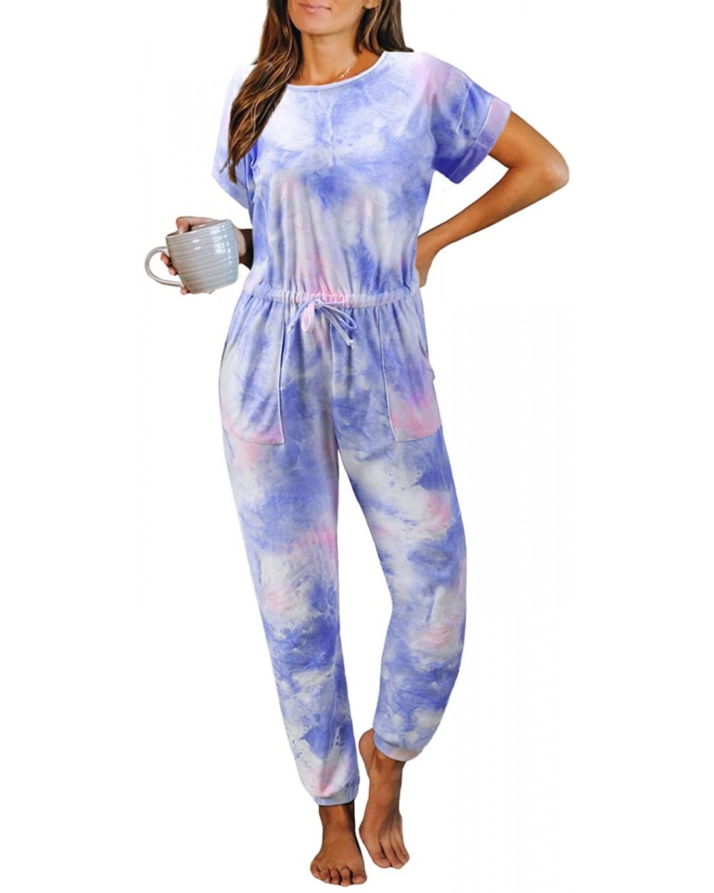 Women's Tie-Dye Short Sleeve Long Pajama-Set One-Piece-Jumpsuit Loungewear Nightwear - A Multicolor - CX19CQ6EQO2 $43.73 Sets