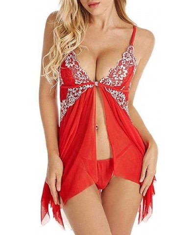 Lingerie for Women Sexy See-Through Lace Babydoll V Neck Mesh Applique Sleepwear Lingerie Nightdress+G-String - Red - C518T6G...