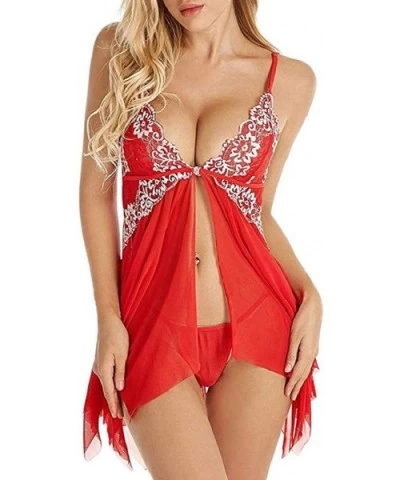 Lingerie for Women Sexy See-Through Lace Babydoll V Neck Mesh Applique Sleepwear Lingerie Nightdress+G-String - Red - C518T6G...