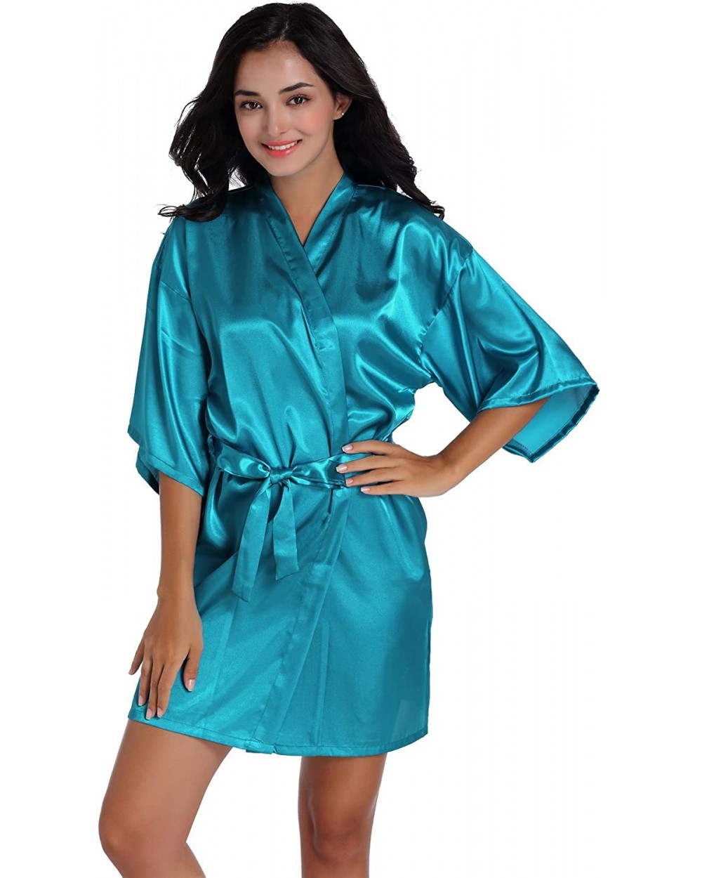 Womens Kimono Robes Satin Pure Color Short Style Oblique V Neck Robe Bridesmaid Wedding Short Sleeve Peacock Blue - CK18EALCU...