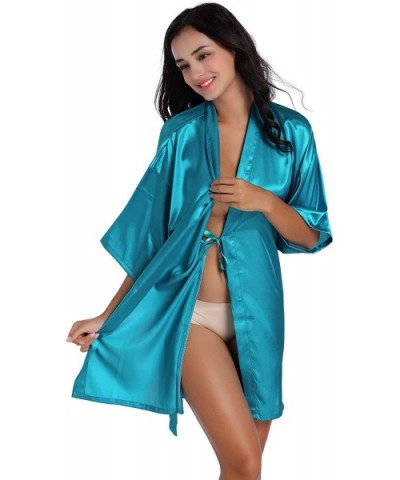 Womens Kimono Robes Satin Pure Color Short Style Oblique V Neck Robe Bridesmaid Wedding Short Sleeve Peacock Blue - CK18EALCU...