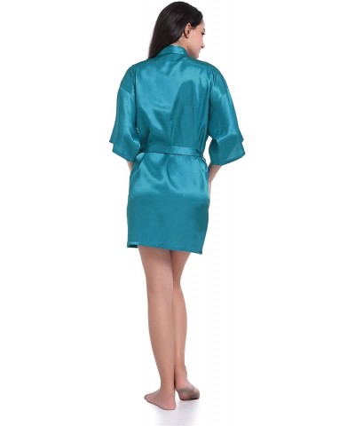 Womens Kimono Robes Satin Pure Color Short Style Oblique V Neck Robe Bridesmaid Wedding Short Sleeve Peacock Blue - CK18EALCU...