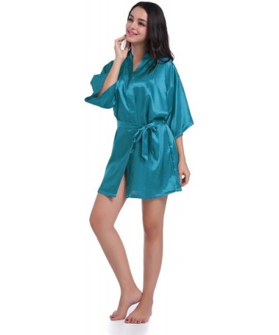 Womens Kimono Robes Satin Pure Color Short Style Oblique V Neck Robe Bridesmaid Wedding Short Sleeve Peacock Blue - CK18EALCU...