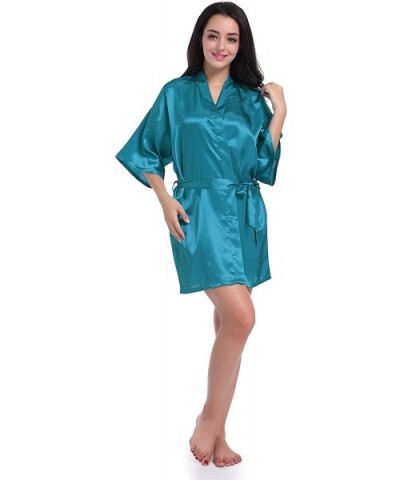 Womens Kimono Robes Satin Pure Color Short Style Oblique V Neck Robe Bridesmaid Wedding Short Sleeve Peacock Blue - CK18EALCU...