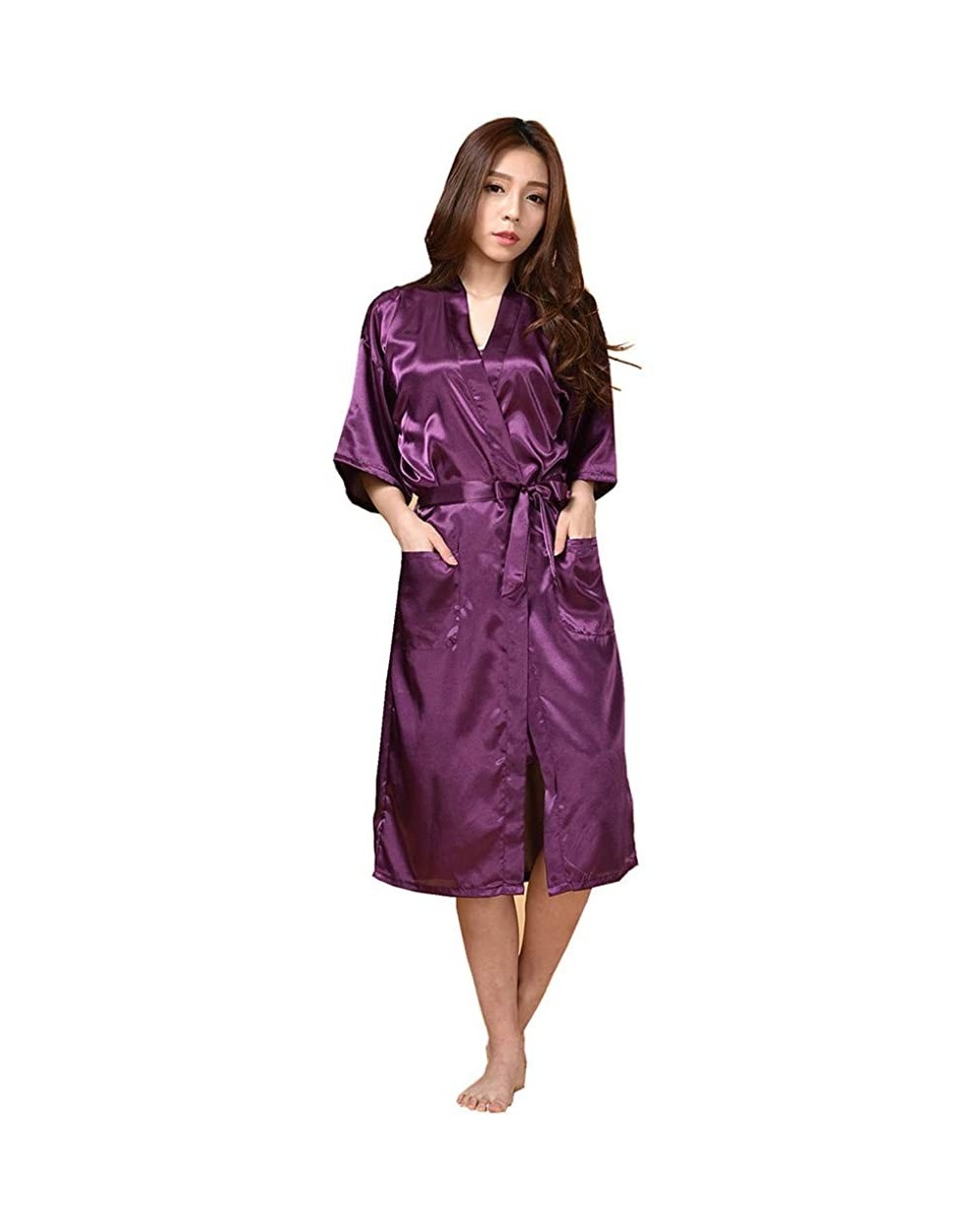 Women's Short Kimono Robe Dressing Gown Silky Bridesmaid Robes Bathrobe Summer Long Sleeves Home Service Thin Pajamas - Purpl...