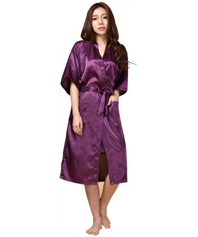 Women's Short Kimono Robe Dressing Gown Silky Bridesmaid Robes Bathrobe Summer Long Sleeves Home Service Thin Pajamas - Purpl...