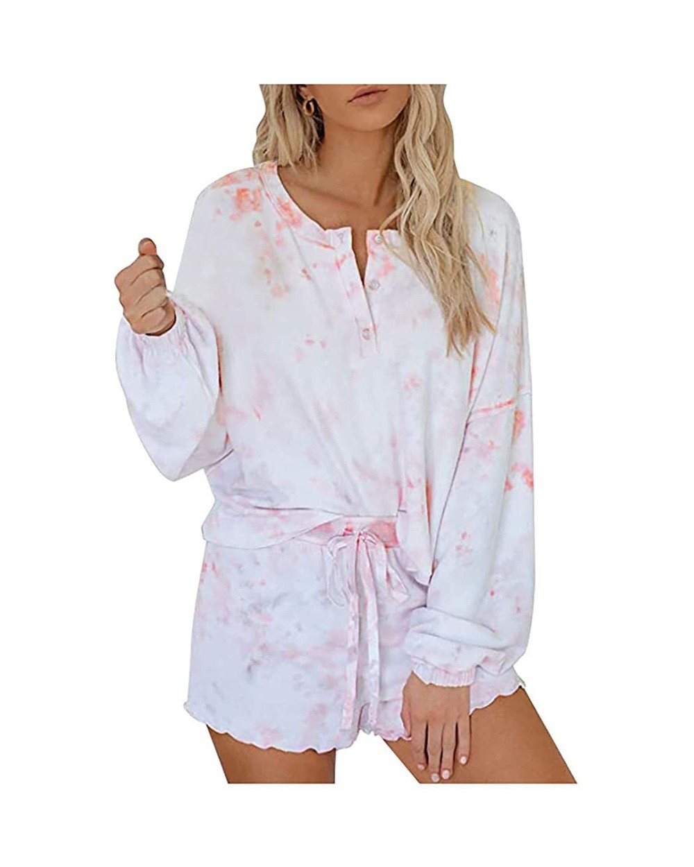 Womens Tie-Dye Printed Shorts Long Sleeve Tops and Shorts 2 Piece Pajamas Set Sleepwear Loungewear - Pink - CB190E2R7YC $38.5...