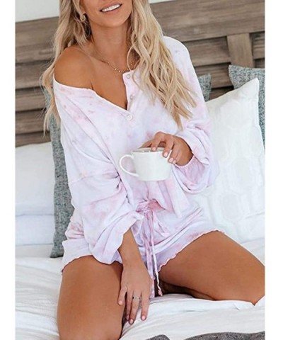 Womens Tie-Dye Printed Shorts Long Sleeve Tops and Shorts 2 Piece Pajamas Set Sleepwear Loungewear - Pink - CB190E2R7YC $38.5...