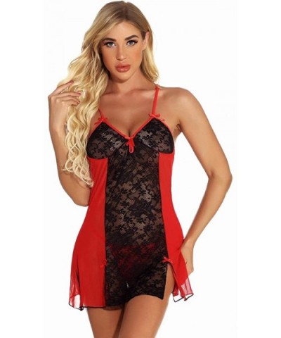 Women Lingerie Bow-Knot Lace Sexy Babydoll Perspective Mini Chemise Bridal Nightdress - Red and Black - CG19CA75UOD $22.30 Ba...