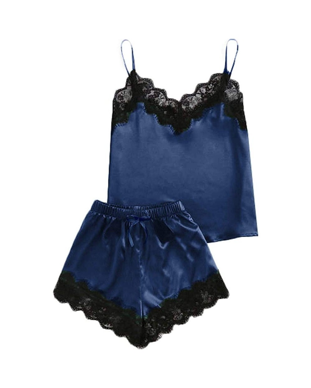 Women's Lace Satin Sleepwear Cami Top and Shorts Nightwear Pajama Set Sleeveless Strap Pajamas Sets - Dark Blue - C4198ST6C2I...