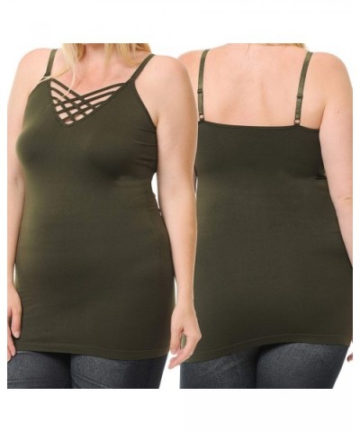 Womens Criss Cross Lattice V-Neck Seamless Cami with Adjustable Strap Cami Camisole Tops Multi Pack [S-3XL] - Dark Olive - C9...