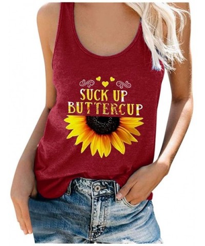 Women's Short Sleeve- Women Plus Size Summer Sunflower Print Round Neck Sleeveless T-Shirt Top Tank - Wine - CS19E726X30 $13....