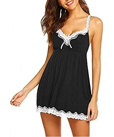 Women Sexy Lace Nightdress V-Neck Bow Lingerie Sleepdress Babydoll Underwear Dress with G-String - Black - CD1987ZWSKA $20.53...