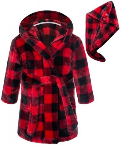 Girl's Soft Flannel Bathrobes with Hair Dry Hat- 2-12 Years - Red Black Plaid - CF19CG70H9I $31.93 Robes