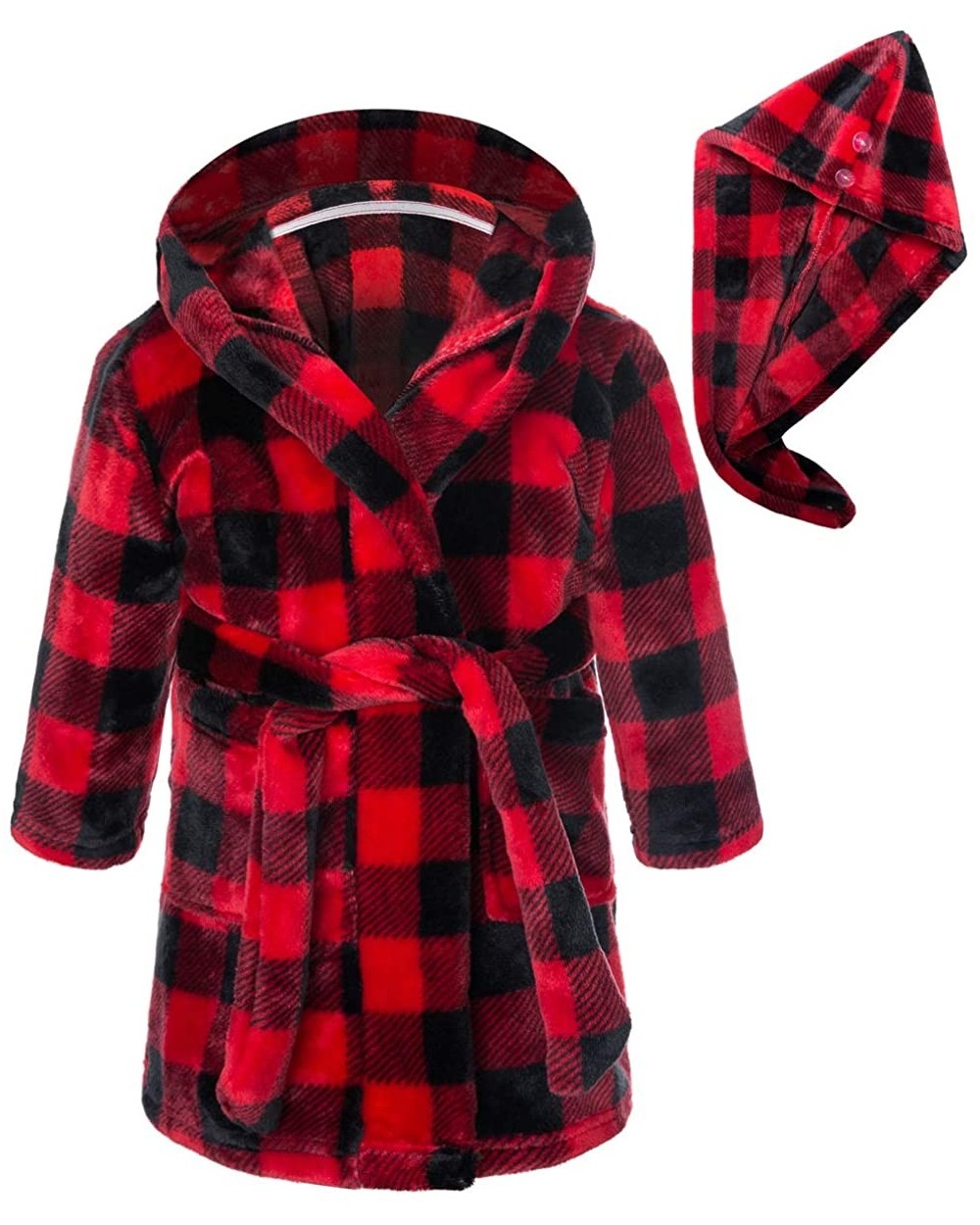 Girl's Soft Flannel Bathrobes with Hair Dry Hat- 2-12 Years - Red Black Plaid - CF19CG70H9I $31.93 Robes