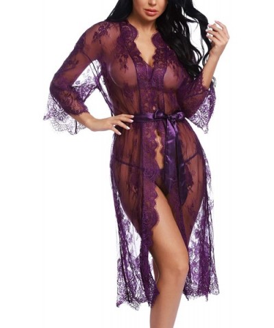 Lingerie for Women Sexy Long Lace Kimono Robe Eyelash Babydoll Sheer Cover Up Dress with Satin Belt - Purple - C618S49K6G5 $2...