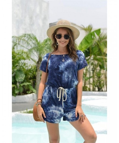 Women Tie Dye Print Two Piece Shorts Set Tracksuit Outfit Keyhole Short Sleeve Pajamas Set Jumpsuit Nightwear Blue - CJ190QAE...