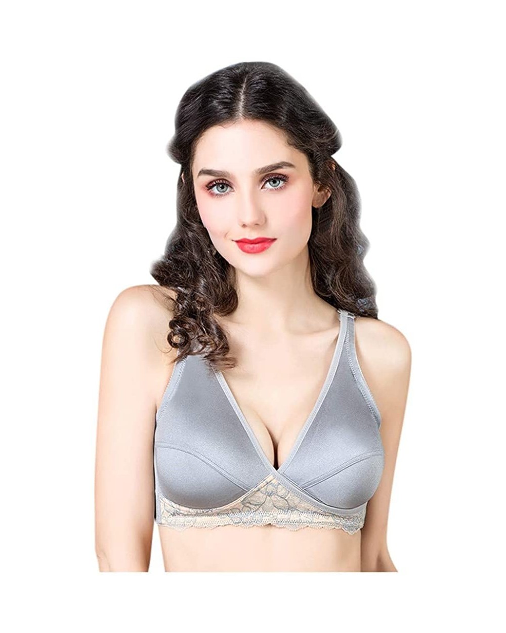 Women Lingerie Sexy Adjustable Crossing Extra-Elastic Breathable Lace Suckling Bra-M-XXL - Gray - CP197AQKUQU $18.72 Tops