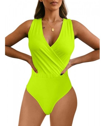 Women's Sleeveless Sexy Deep V Neck Leotard Bodysuit - Fluo Green - C818W56CT3X $27.23 Shapewear