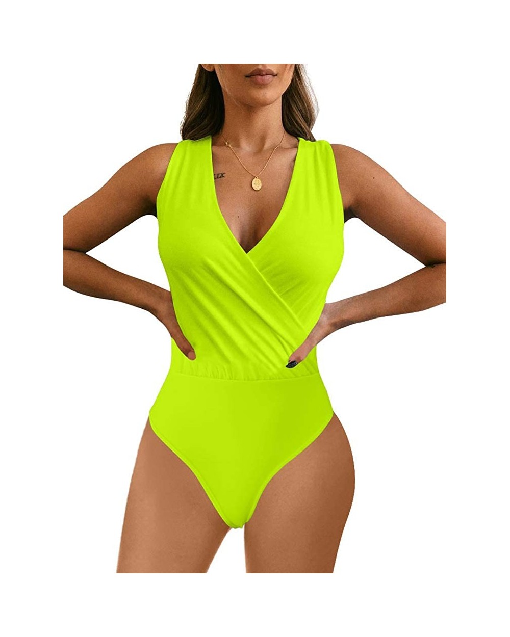 Women's Sleeveless Sexy Deep V Neck Leotard Bodysuit - Fluo Green - C818W56CT3X $27.23 Shapewear