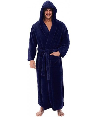 Men's Plush Fleece Hood Robe- Winter Lengthened Kimono Bathrobe for Men Home Clothes - Dark Blue - CE18AZWLT3H $41.46 Robes