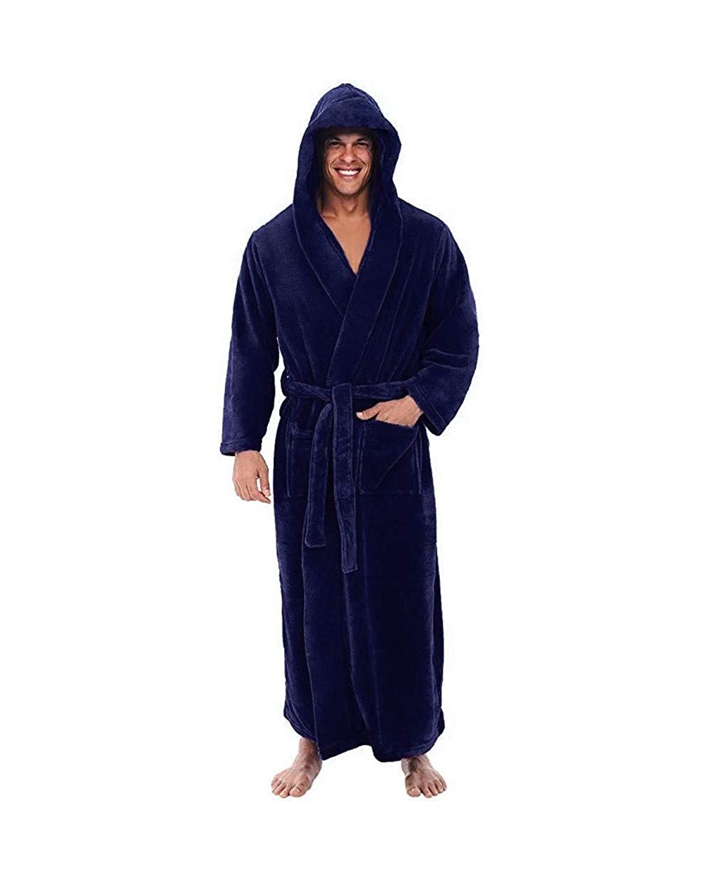 Men's Plush Fleece Hood Robe- Winter Lengthened Kimono Bathrobe for Men Home Clothes - Dark Blue - CE18AZWLT3H $41.46 Robes