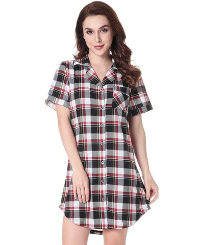 Womens Nightshirt Short Sleeves Pajama Boyfriend Shirt Dress Nightie Sleepwear PJ - Style 2 - Red&black Plaid - CD18R5CARGS $...