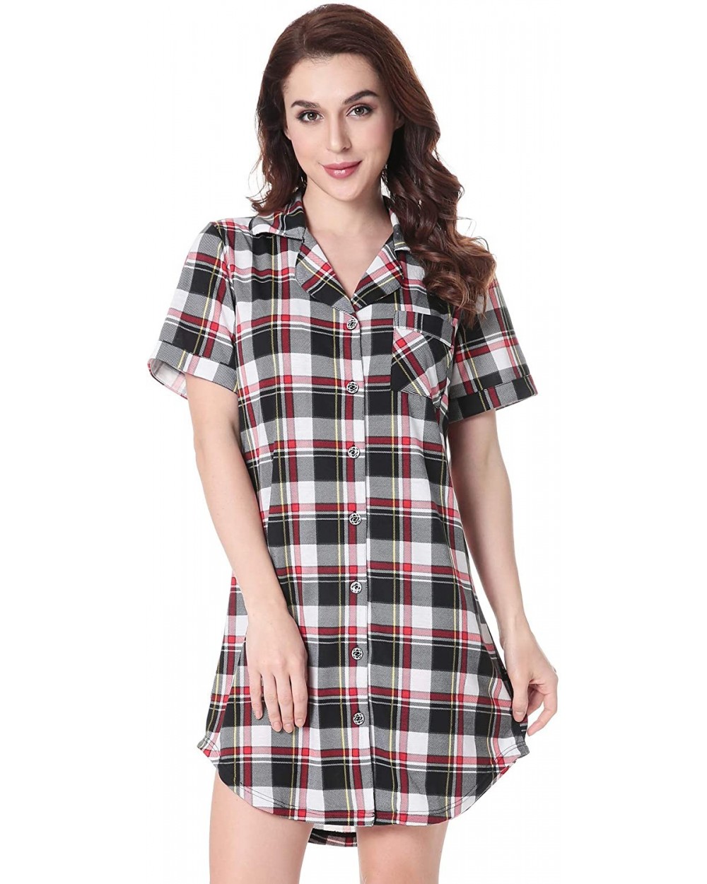 Womens Nightshirt Short Sleeves Pajama Boyfriend Shirt Dress Nightie Sleepwear PJ - Style 2 - Red&black Plaid - CD18R5CARGS $...