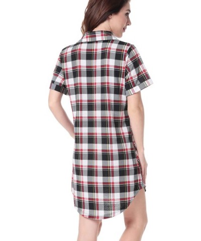 Womens Nightshirt Short Sleeves Pajama Boyfriend Shirt Dress Nightie Sleepwear PJ - Style 2 - Red&black Plaid - CD18R5CARGS $...