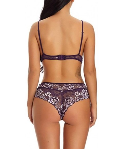 Sexy Bra and Panty Set See Through Underwear Floral Lace Sheer Lingerie Set 2 Piece Outfits Lace - Purple - C318T9NQ7R9 $15.5...