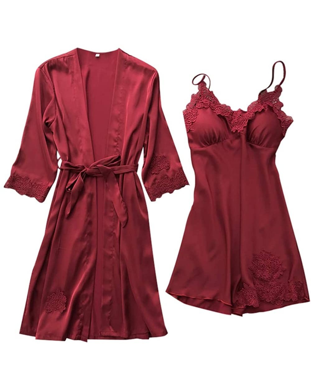 PJ Womens Lingerie Silk Lace Robe Dress Babydoll Nightdress Sleepwear Kimono Set - Awine - CJ18M5RRLZZ $28.73 Nightgowns & Sl...