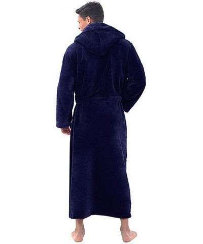 Men's Plush Fleece Hood Robe- Winter Lengthened Kimono Bathrobe for Men Home Clothes - Dark Blue - CE18AZWLT3H $41.46 Robes