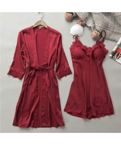 PJ Womens Lingerie Silk Lace Robe Dress Babydoll Nightdress Sleepwear Kimono Set - Awine - CJ18M5RRLZZ $28.73 Nightgowns & Sl...