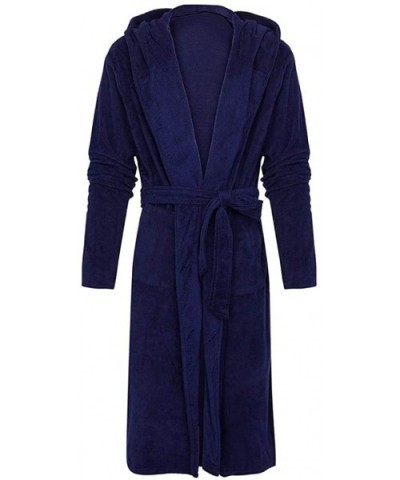 Men's Plush Fleece Hood Robe- Winter Lengthened Kimono Bathrobe for Men Home Clothes - Dark Blue - CE18AZWLT3H $41.46 Robes