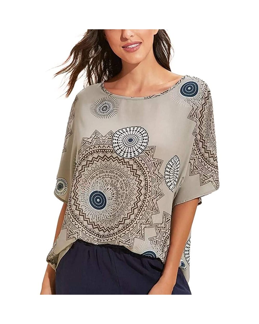 Summer Tops for Women- Boho Summer Prints Short Sleeve Beach Short Sleeve - Gray - CD18W6U9XMI $15.72 Shapewear