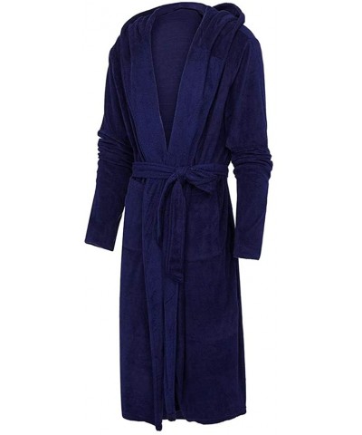 Men's Plush Fleece Hood Robe- Winter Lengthened Kimono Bathrobe for Men Home Clothes - Dark Blue - CE18AZWLT3H $41.46 Robes