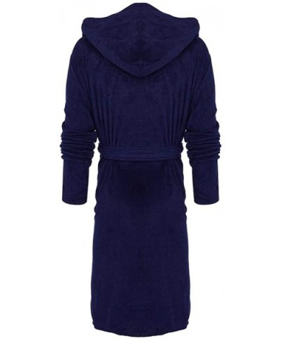 Men's Plush Fleece Hood Robe- Winter Lengthened Kimono Bathrobe for Men Home Clothes - Dark Blue - CE18AZWLT3H $41.46 Robes