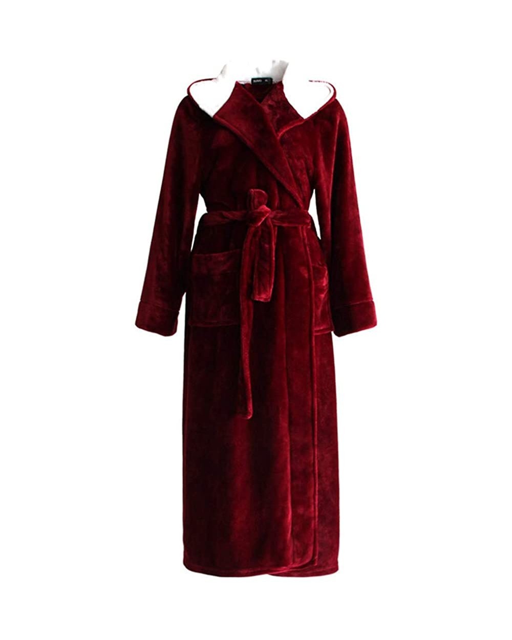 Women Lengthened Coralline Plush Shawl Bathrobe Long Sleeve Robe Hooded Cap Coat - Wine - C6194IA4LHL $61.73 Robes