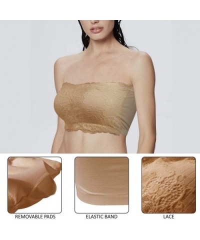 Women Strapless Bandeau Bra Seamless Wirefree Padded Bralette Tube Bra S-XXXL 2 Packs - Lace Black+beige - CI1966OKQNO $21.72...