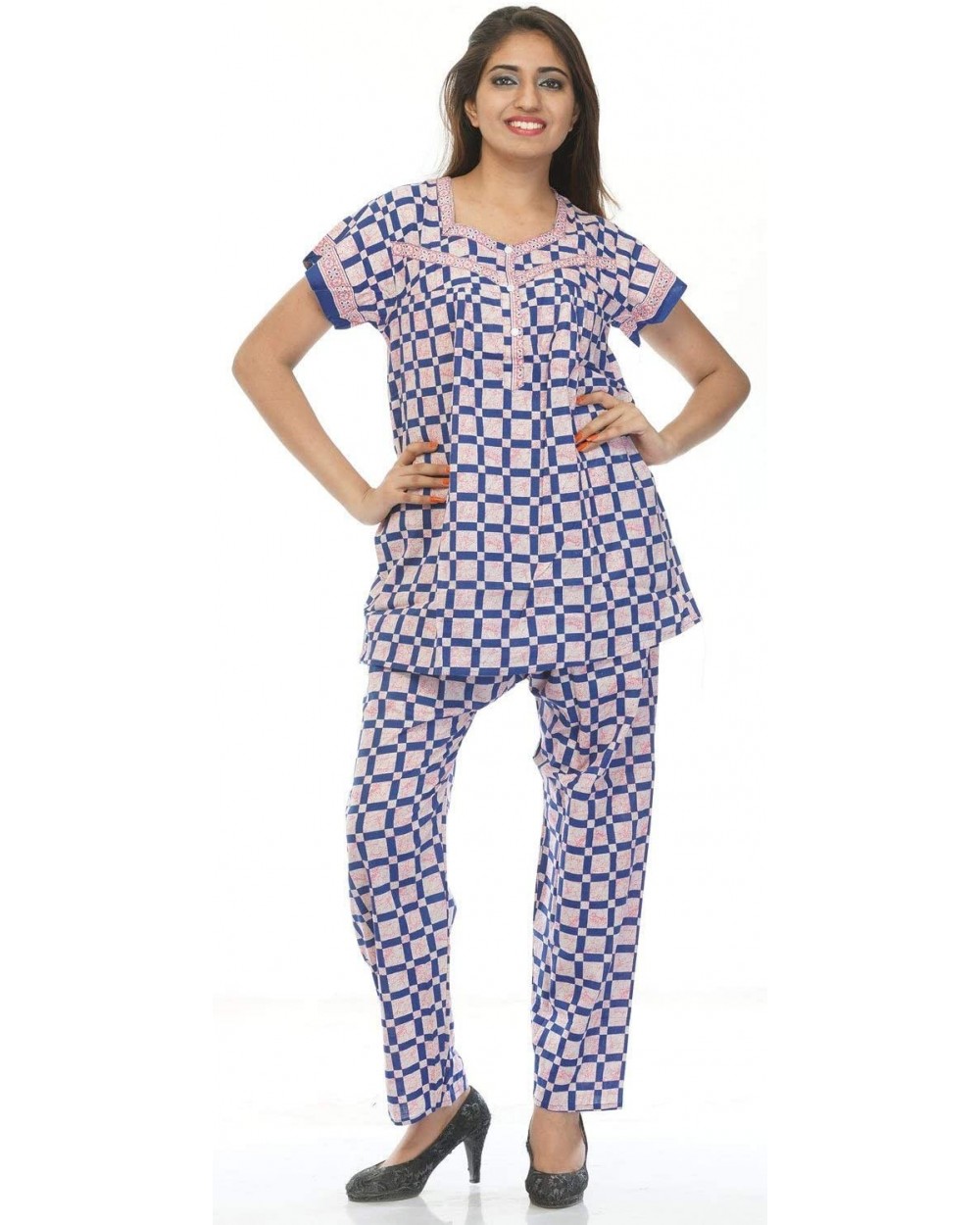 Cotton Night Wear Pajama Set Short Sleeve Shirt with Pyjamas Night Suit L (DX001FILKCT) - Dx001filkct - CO18WMIIQSX $26.26 Sets