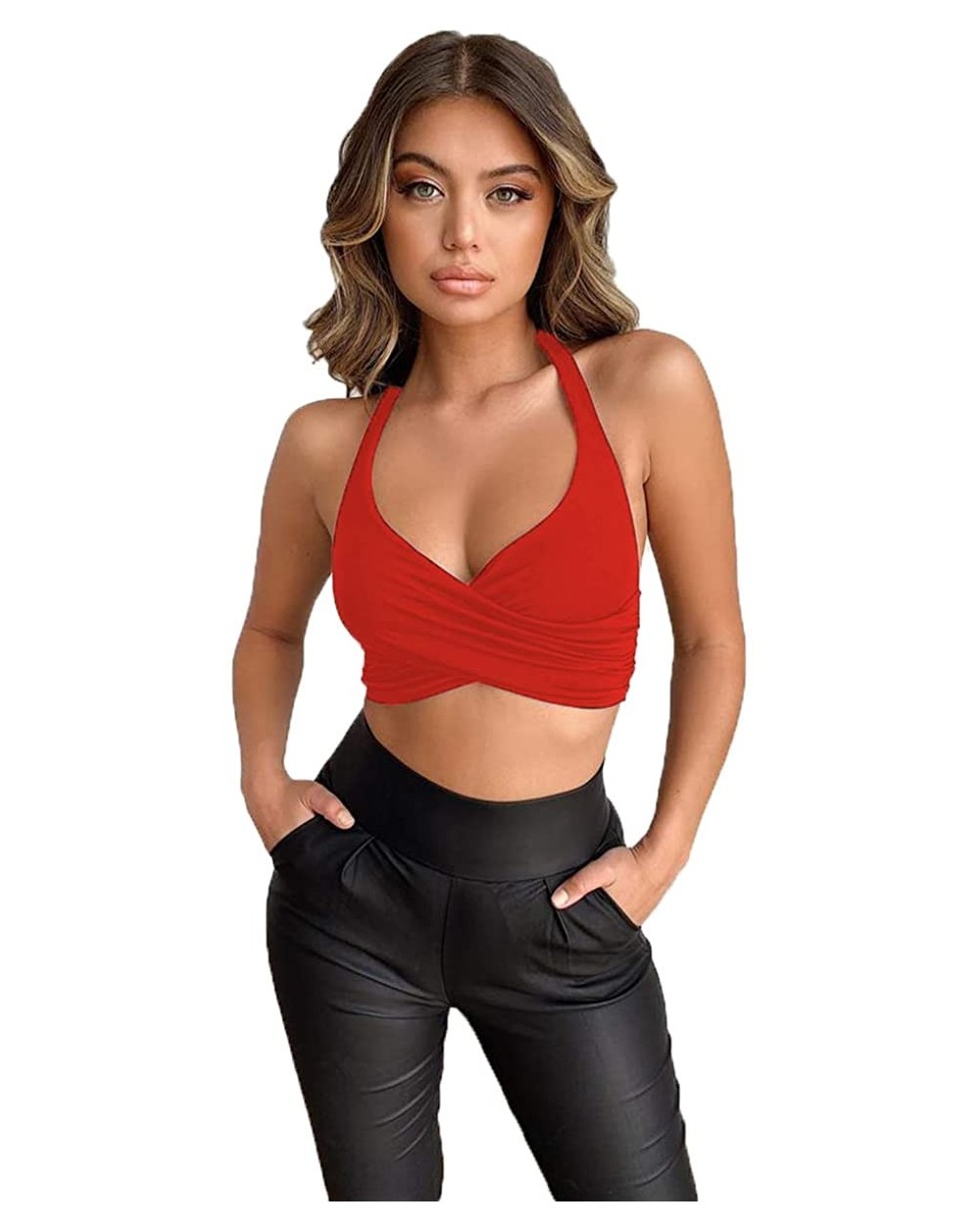 Women Sexy Backless Camisole with Halter Slim Fit Lace-up Vest Tube Top Style - Red - C2196NXZR87 $27.78 Camisoles & Tanks