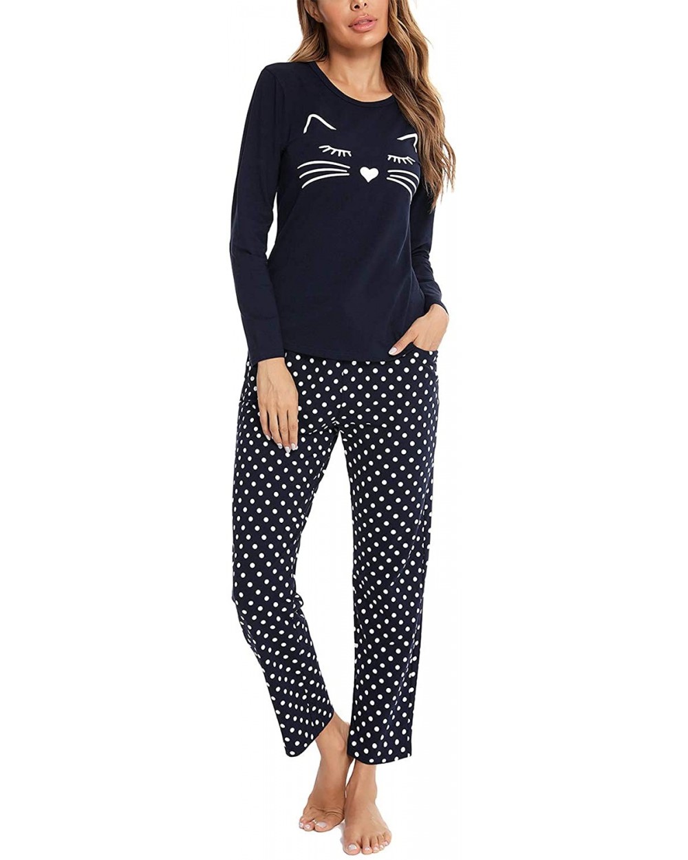 Women's Cotton Long Sleeve Pajamas Set Cute Print Top and Pants Pjs Lounge Sets with Pocket - A-navy Blue - C6190MQY7T8 $47.5...