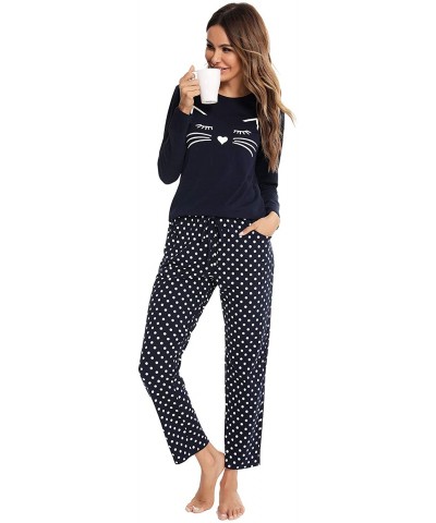 Women's Cotton Long Sleeve Pajamas Set Cute Print Top and Pants Pjs Lounge Sets with Pocket - A-navy Blue - C6190MQY7T8 $47.5...