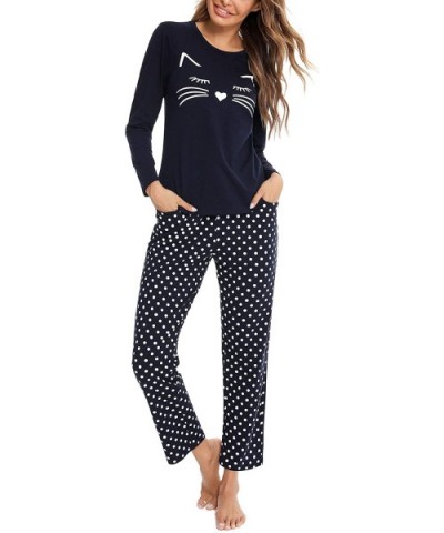 Women's Cotton Long Sleeve Pajamas Set Cute Print Top and Pants Pjs Lounge Sets with Pocket - A-navy Blue - C6190MQY7T8 $47.5...