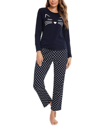 Women's Cotton Long Sleeve Pajamas Set Cute Print Top and Pants Pjs Lounge Sets with Pocket - A-navy Blue - C6190MQY7T8 $47.5...