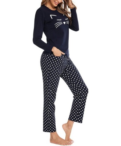 Women's Cotton Long Sleeve Pajamas Set Cute Print Top and Pants Pjs Lounge Sets with Pocket - A-navy Blue - C6190MQY7T8 $47.5...